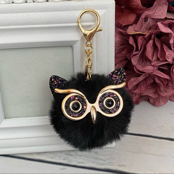 Fluffy Black Owl with Glasses Pom Pom Keychain - Picture 3 of 14